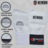 White Rewon gel hand wraps for boxing and fitness, featuring ergonomic finger holes, comfy inner lining, and reinforced stitching.